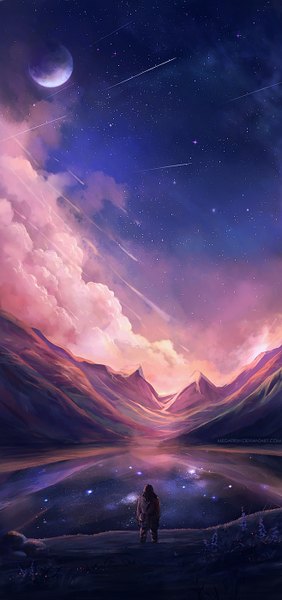 Anime picture 658x1400 with the hobbit durin the deathless megatruh single tall image signed cloud (clouds) from behind night night sky reflection mountain landscape scenic lake meteor rain boy moon star (stars) full moon