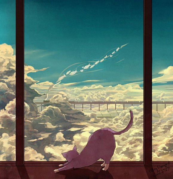 Anime picture 850x880 with original caring tall image standing sky cloud (clouds) sunlight shadow no people sunbeam animal window cat fish (fishes) train railways railroad tracks