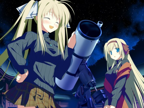 Anime picture 1600x1200 with hoshizora no memoria hisakaki kosame hisakaki komomo shida kazuhiro long hair blush fringe open mouth blue eyes blonde hair twintails multiple girls looking away game cg ahoge outdoors eyes closed night night sky hand on hip