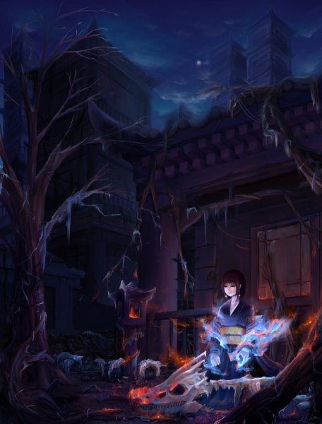 Anime picture 1750x2300 with original charlottexxi (artist) single tall image highres short hair blue eyes brown hair long sleeves japanese clothes night sky lipstick skeleton girl plant (plants) earrings tree (trees) kimono building (buildings) fire