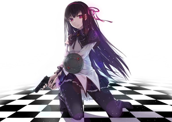 Anime picture 3507x2480 with mahou shoujo madoka magica shaft (studio) akemi homura mrblackcat single long hair looking at viewer fringe highres black hair red eyes holding absurdres kneeling checkered floor floor checkered girl ribbon (ribbons) weapon