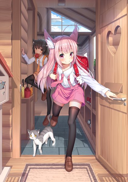 Anime picture 2024x2862 with original superpig (wlstjqdla) long hair tall image blush fringe highres short hair black hair smile standing multiple girls brown eyes animal ears pink hair full body ahoge bent knee (knees) indoors blunt bangs