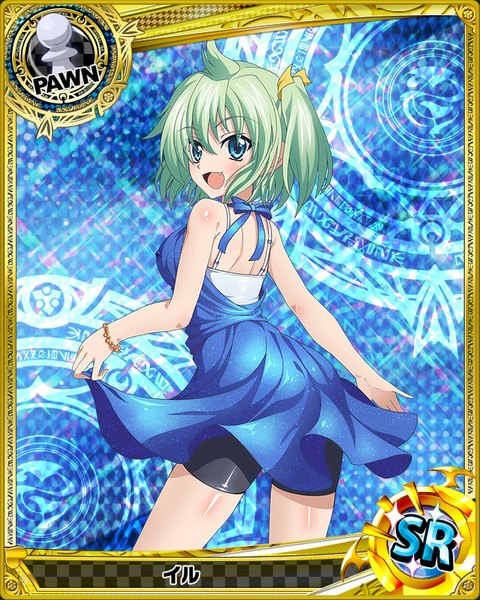 Anime picture 640x800 with highschool dxd tagme (character) single tall image blush short hair open mouth blue eyes smile :d looking back green hair card (medium) girl dress bow hair bow bike shorts