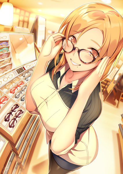 Anime picture 700x990 with original ichinose tomoe ryuji (ikeriu) single tall image looking at viewer blush short hair blonde hair smile standing brown eyes indoors from above mole grin light mole under mouth adjusting glasses girl