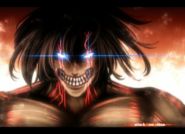 Anime picture 1076x779 with shingeki no kyojin production i.g eren yaeger rogue titan single short hair blue eyes black hair grin glowing glowing eye (eyes) boy