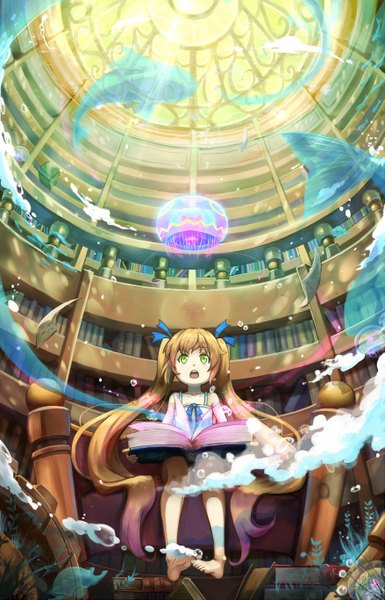 Anime picture 1753x2730 with original darkers (akefumi) single long hair tall image highres open mouth brown hair sitting twintails green eyes very long hair barefoot loli legs girl dress book (books) bubble (bubbles) fish (fishes)