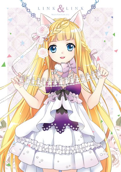 Anime picture 721x1023 with original mca (dessert candy) single long hair tall image open mouth blue eyes blonde hair animal ears cat ears girl dress flower (flowers) bow