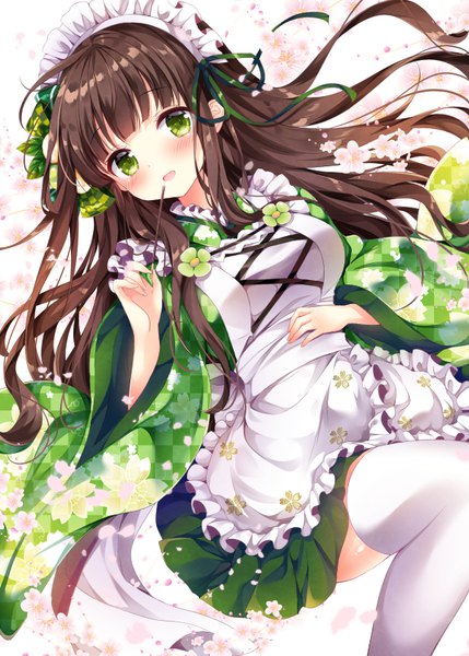 Anime picture 600x839 with gochuumon wa usagi desu ka? white fox ujimatsu chiya nogi takayoshi single long hair tall image looking at viewer blush fringe brown hair green eyes lying blunt bangs traditional clothes wide sleeves on back zettai ryouiki floral print wa maid