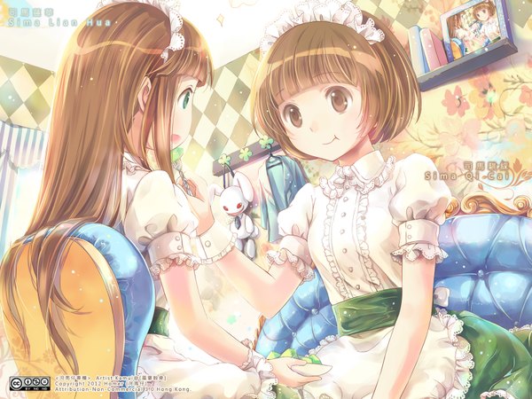 Anime picture 1600x1200 with kamui (kamuikaoru) long hair short hair open mouth smile brown hair sitting multiple girls brown eyes green eyes inscription maid eating checkered :t girl flower (flowers) 2 girls necktie food