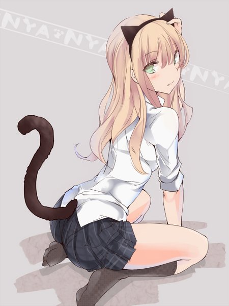 Anime picture 998x1331 with original touma raito single long hair tall image looking at viewer blush fringe blonde hair sitting animal ears tail animal tail pleated skirt looking back barefoot aqua eyes cat tail legs back