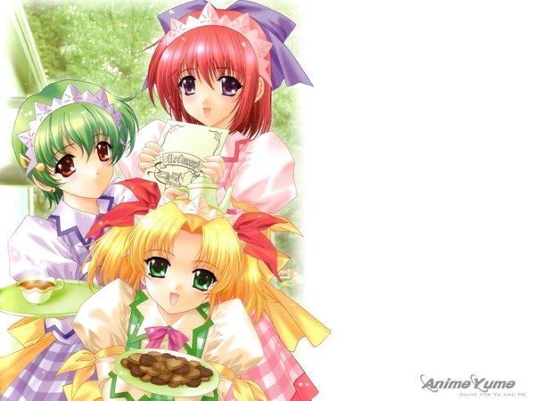 Anime picture 1600x1200 with little monica monogatari tina (little monica monogatari) may (little monica monogatari) celia (little monica monogatari) kimizuka aoi looking at viewer fringe short hair open mouth hair between eyes red eyes purple eyes multiple girls green eyes :d green hair third-party edit extended girl ribbon (ribbons)