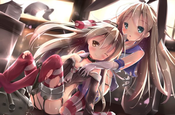 Anime picture 1200x792 with kantai collection shimakaze destroyer amatsukaze destroyer na!? (naxtuyasai) long hair blush open mouth blue eyes blonde hair smile multiple girls brown eyes one eye closed wink sunlight two side up torn clothes girl thighhighs gloves