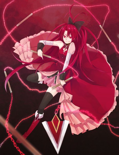 Anime picture 1000x1292 with mahou shoujo madoka magica shaft (studio) sakura kyouko kaguya ame single long hair tall image red eyes ponytail red hair girl thighhighs dress weapon black thighhighs detached sleeves