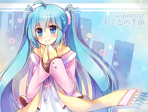 Anime picture 1107x843 with vocaloid hatsune miku moe on drop single looking at viewer blush blue eyes smile twintails blue hair very long hair girl dress scarf mittens