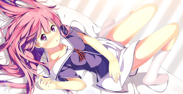Anime picture 1500x775 with ore no kanojo to osananajimi ga shuraba sugiru a-1 pictures fuyuumi ai tempestdh single long hair looking at viewer blush open mouth wide image pink hair lying pink eyes from above :o on back no shoes turning head leg lift (legs lift) girl