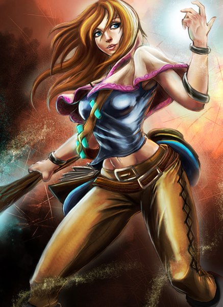 Anime picture 890x1221 with league of legends lux (league of legends) carlos eduardo single long hair tall image blue eyes blonde hair looking away bare belly girl bracelet belt staff clothes