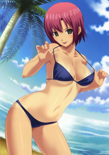 Anime picture 2100x2970 with rio rainbow gate! rio rollins koutaro single tall image highres light erotic green eyes red hair beach bikini pull girl navel swimsuit plant (plants) bikini tree (trees) water sea palm tree