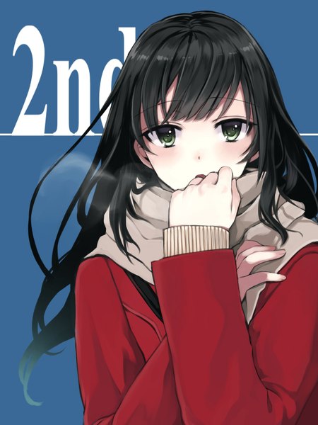 Anime picture 1200x1600 with original takeuchi aya single long hair tall image looking at viewer blush black hair green eyes exhalation girl jacket scarf