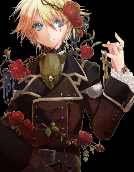 Anime picture 1200x1538 with vocaloid kagamine len hekicha single tall image short hair open mouth blonde hair green eyes alternate costume black background boy flower (flowers) rose (roses) chain ring ascot