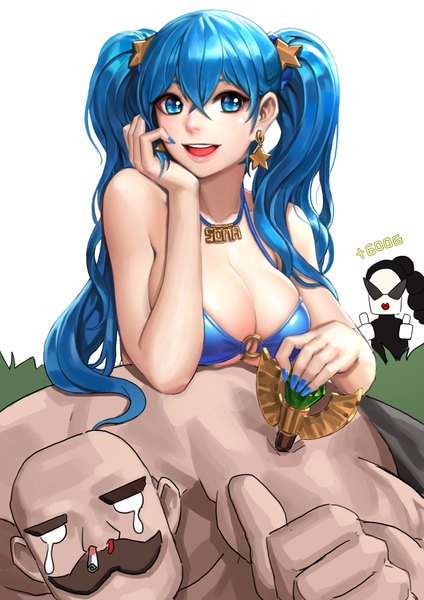 Anime picture 2480x3508 with league of legends sona buvelle vayne (league of legends) braum (league of legends) ake (cherrylich) long hair tall image looking at viewer highres breasts open mouth blue eyes light erotic twintails blue hair nail polish tears o o nosebleed girl