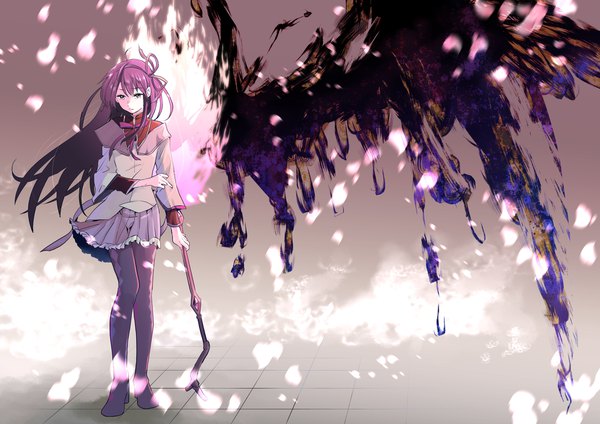 Anime picture 2000x1414 with mahou shoujo madoka magica shaft (studio) akemi homura momoko (palemon) single long hair fringe highres standing purple eyes holding looking away purple hair full body pleated skirt wind wide sleeves checkered floor walking floor