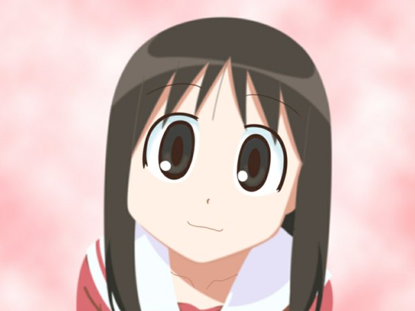 Anime picture 1024x768 with azumanga daioh j.c. staff kasuga ayumu single looking at viewer fringe short hair black hair smile black eyes pink background girl sailor suit