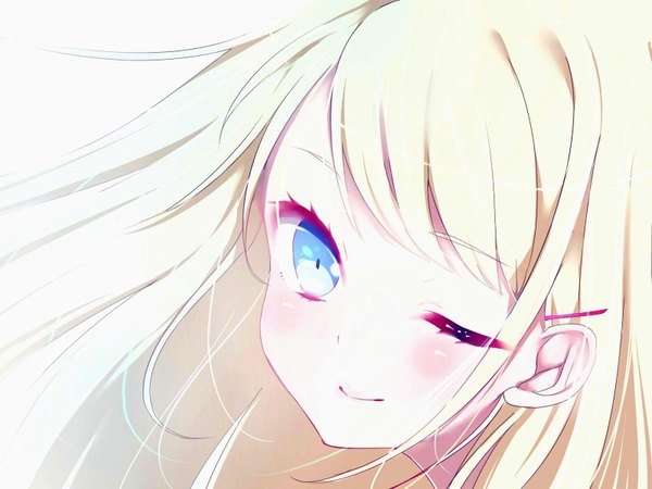 Anime picture 1600x1200 with original fuu (07199382) single long hair looking at viewer blush fringe blue eyes blonde hair simple background smile one eye closed wink close-up face girl hair ornament bobby pin