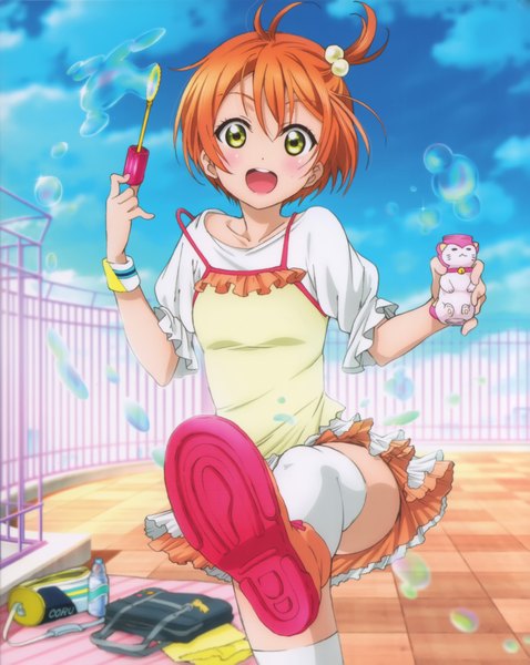 Anime picture 3237x4064 with love live! school idol project sunrise (studio) love live! hoshizora rin single tall image looking at viewer blush highres short hair open mouth green eyes absurdres scan orange hair official art legs girl thighhighs dress