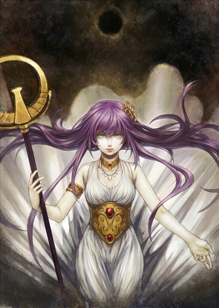 Anime picture 765x1078 with saint seiya toei animation kido saori mamusya single long hair tall image looking at viewer fringe green eyes purple hair spread arms serious eclipse girl dress hair ornament choker white dress necklace