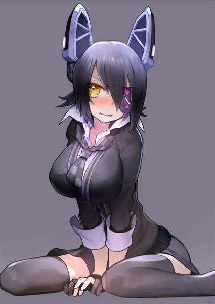Anime picture 708x1000 with kantai collection tenryuu light cruiser wada arco single tall image blush short hair breasts light erotic black hair simple background hair between eyes large breasts sitting animal ears yellow eyes looking away grey background bunny ears girl