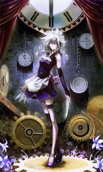 Anime picture 720x1200 with touhou izayoi sakuya narrow single tall image looking at viewer fringe short hair purple eyes holding silver hair braid (braids) maid legs twin braids dual wielding glow girl flower (flowers) weapon