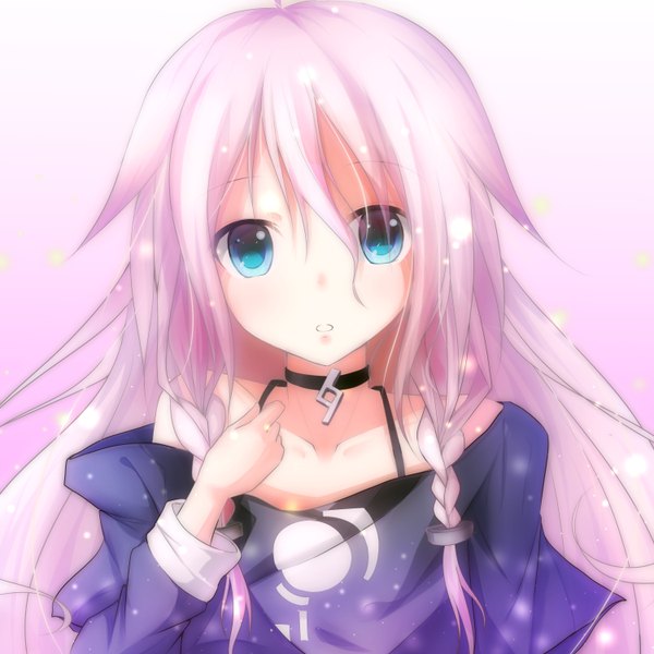 Anime picture 3000x3000 with vocaloid ia (vocaloid) nicoby single long hair looking at viewer blush fringe highres blue eyes bare shoulders pink hair braid (braids) twin braids close-up glow girl choker