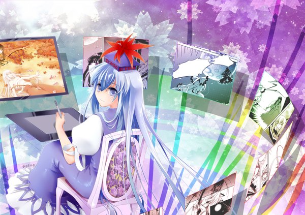 Anime picture 1400x987 with touhou fujiwara no mokou houraisan kaguya kamishirasawa keine pping (artist) long hair blue eyes blue hair multicolored hair streaked hair girl dress