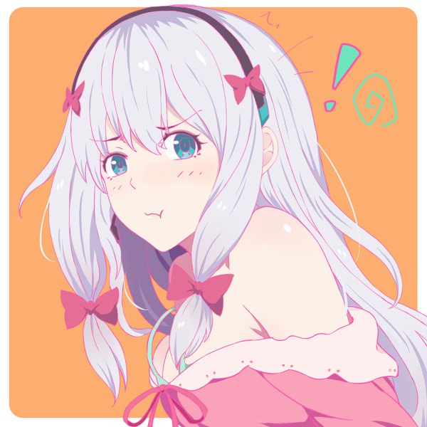 Anime picture 1200x1200 with eromanga sensei a-1 pictures izumi sagiri illusionk single long hair looking at viewer blush fringe blue eyes light erotic simple background hair between eyes bare shoulders silver hair upper body orange background ! girl bow