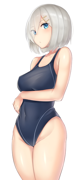 Anime picture 720x1600 with kantai collection hamakaze destroyer usa b single tall image looking at viewer blush fringe short hair blue eyes light erotic simple background hair between eyes white background silver hair hair over one eye groin covered navel arm behind back breast hold