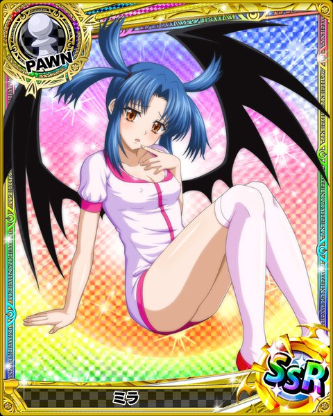Anime picture 640x800 with highschool dxd mira (high school dxd) single tall image blush short hair open mouth light erotic brown eyes blue hair looking away card (medium) nurse girl thighhighs uniform white thighhighs wings