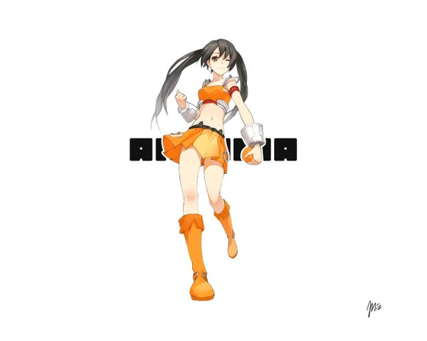 Anime picture 1280x1024 with arancia project original arancia miz22 single long hair black hair simple background white background twintails brown eyes full body one eye closed wink midriff girl skirt knee boots orange skirt