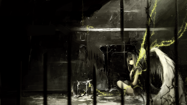 Anime picture 1000x562 with original asahiro single long hair looking at viewer fringe wide image sitting black eyes angel girl wings cage bars prison cell