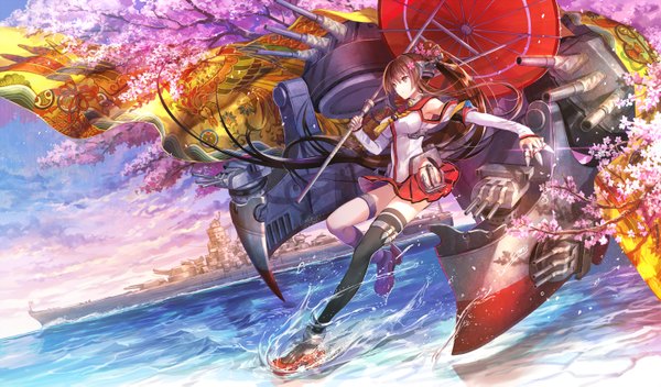 Anime picture 1440x845 with kantai collection yamato super battleship fuzichoco single brown hair wide image brown eyes looking away ponytail very long hair traditional clothes japanese clothes hair flower cherry blossoms girl thighhighs skirt hair ornament flower (flowers) weapon