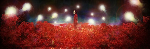 Anime picture 3000x987 with pochiharu highres brown hair wide image japanese clothes looking back field flower (flowers) mask higanbana