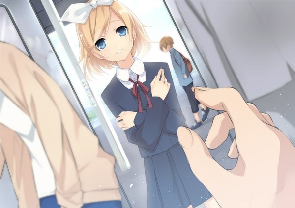 Anime picture 1800x1272 with vocaloid kagamine rin sama (artist) highres short hair blue eyes blonde hair girl serafuku