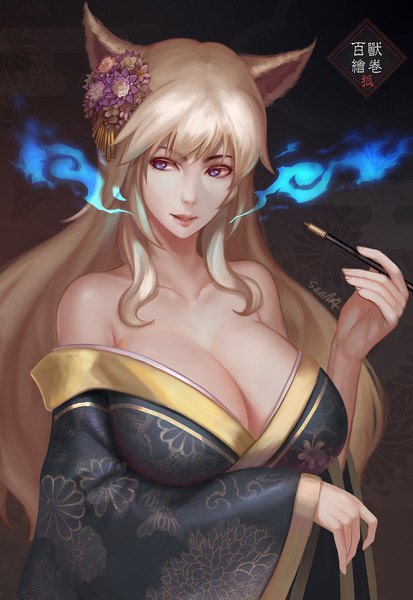 Anime picture 1209x1754 with original senna (artist) single long hair tall image fringe breasts light erotic hair between eyes purple eyes bare shoulders holding signed animal ears looking away upper body traditional clothes parted lips japanese clothes hair flower