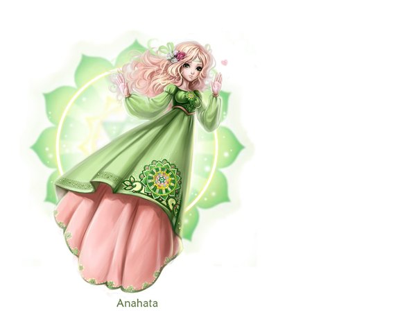 Anime picture 1400x1120 with anna linberger (artist) single long hair simple background blonde hair white background green eyes hair flower inscription girl dress hair ornament flower (flowers) water