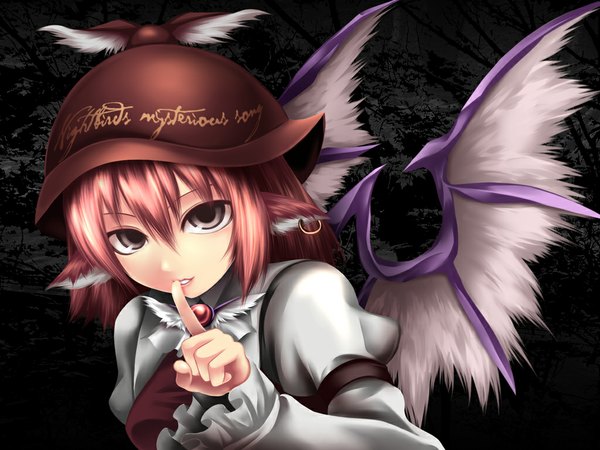 Anime picture 1024x768 with touhou mystia lorelei tamajam short hair brown hair animal ears silver eyes head wings girl dress hat wings