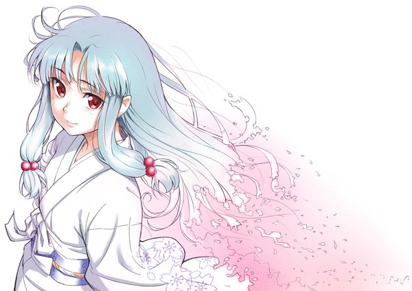 Anime picture 1066x754 with tsugumomo kiriha (tsugumomo) komase (jkp423) single long hair looking at viewer fringe simple background red eyes white background payot blue hair traditional clothes japanese clothes light smile from above wind pointy ears girl hair tie