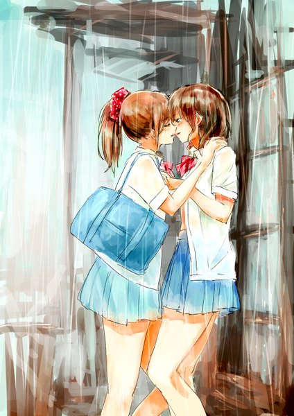 Anime picture 1061x1500 with original syou tall image open mouth brown hair multiple girls brown eyes ponytail eyes closed open clothes open shirt rain shoujo ai face to face almost kiss girl skirt uniform 2 girls school uniform