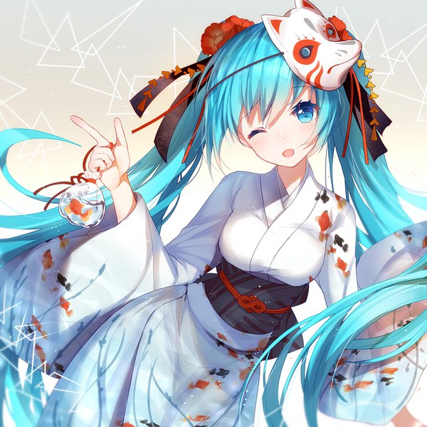 Anime picture 1039x1039 with vocaloid hatsune miku bison cangshu single looking at viewer blush fringe breasts open mouth smile large breasts twintails holding long sleeves very long hair traditional clothes head tilt japanese clothes one eye closed hair flower