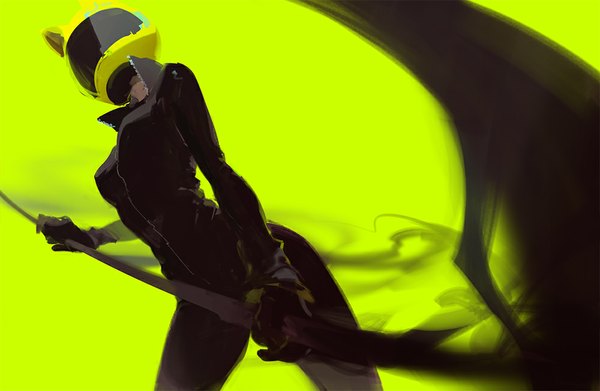 Anime picture 1000x653 with durarara!! brains base (studio) celty sturluson ask (askzy) single simple background holding green background sketch girl gloves weapon black gloves bodysuit scythe motorcycle helmet