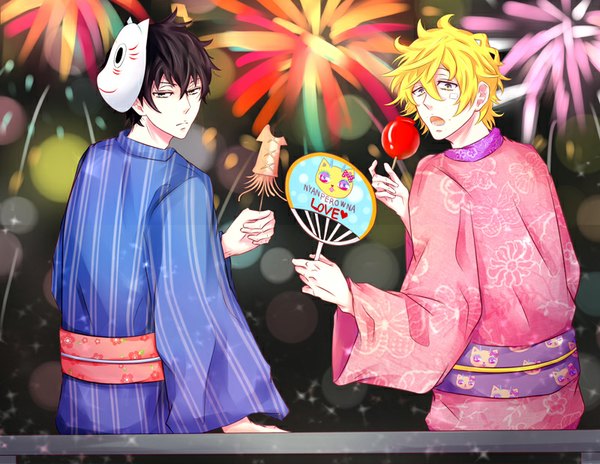 Anime picture 800x619 with karneval gareki (karneval) yogi (karneval) nyanperona (karneval) fishchan single looking at viewer short hair open mouth black hair blonde hair sitting traditional clothes japanese clothes looking back from behind silver eyes mask on head fireworks festival