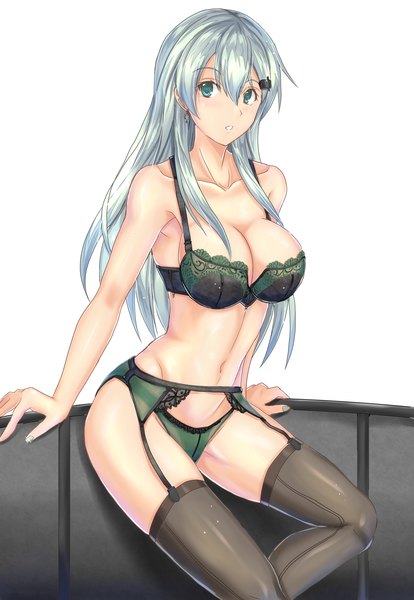 Anime picture 1195x1731 with kantai collection suzuya heavy cruiser luna (gunfire) single long hair tall image looking at viewer blush fringe breasts open mouth light erotic simple background hair between eyes large breasts white background sitting green eyes payot silver hair